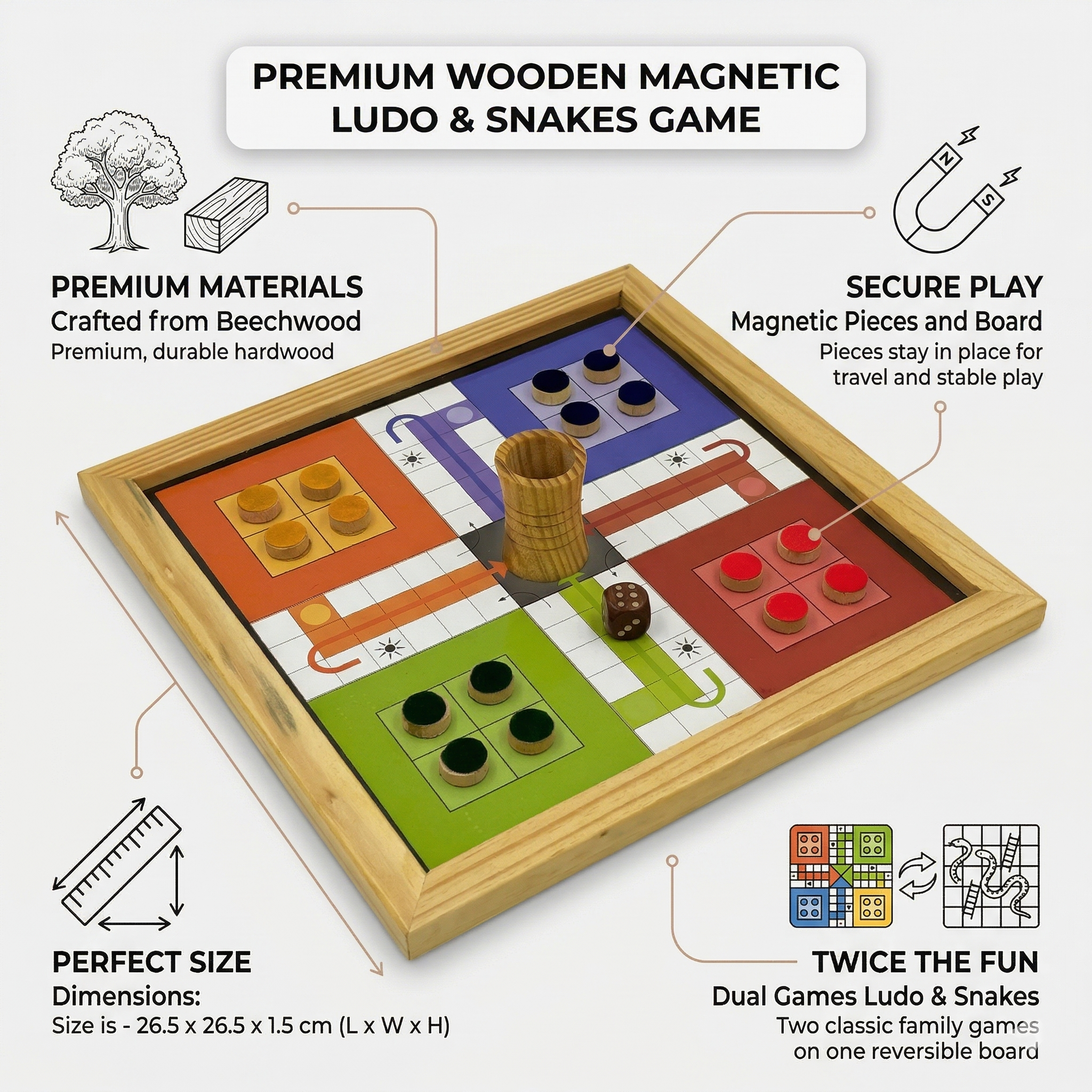 Magnetic 2-in-1 Ludo & Snakes and Ladders Board Game | Premium Antique Wood | Reversible & Portable Travel Set (10 Inches) - Image 4